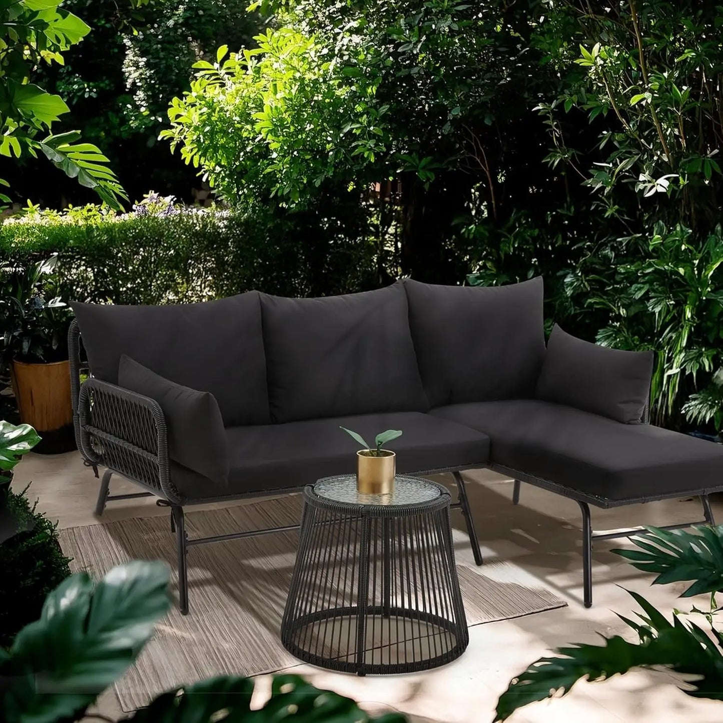 Outdoor Patio Furniture Set with Thick Cushions and Glass Coffee Table