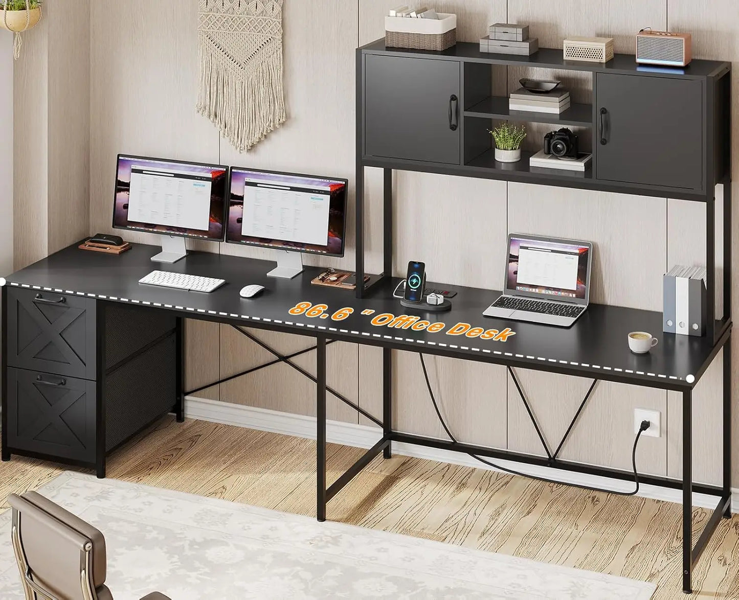Reversible L Shaped Computer Desk with Fabric Drawers and Power Outlet