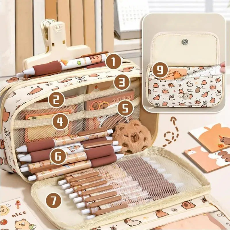 Cute Pencil Case Portable 9-Compartment Stationery
