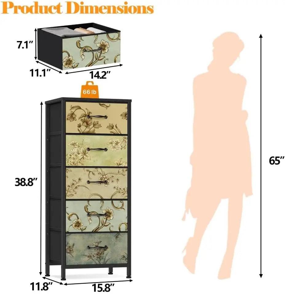 Tall Skinny Storage Tower with 5 Fabric Drawers for Bedroom