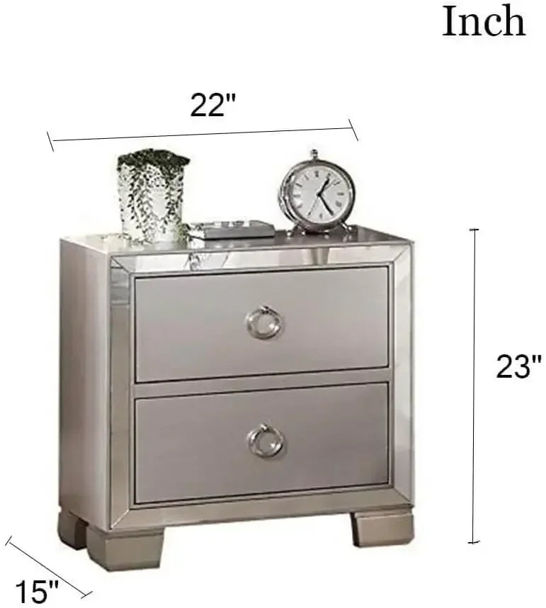 Modern Mirrored Nightstand Dresser Set with 2 Drawers and Round Ring Handle