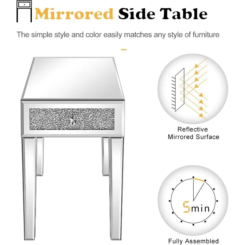 Mirrored Nightstand Set with Drawer Glass Accent Table