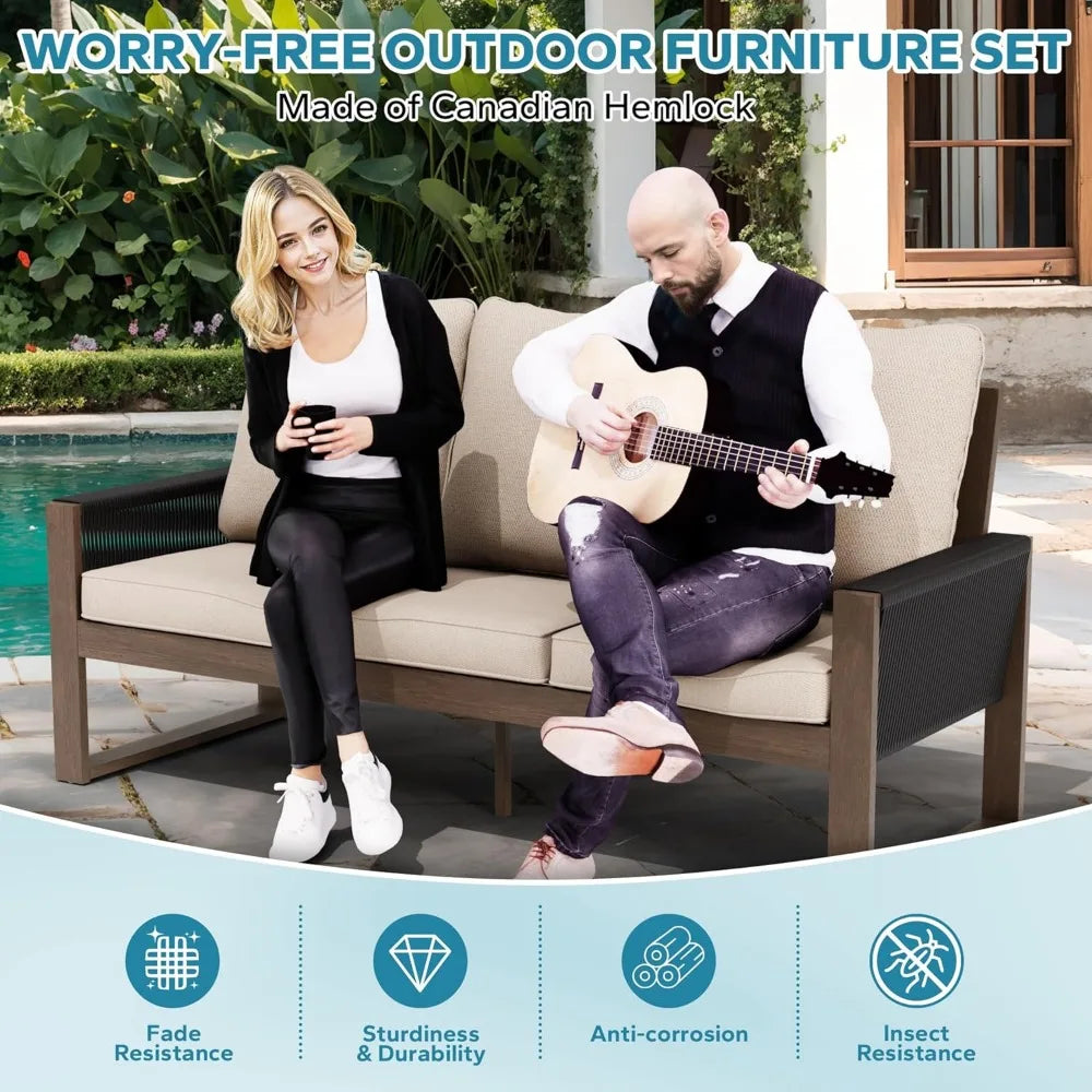 Patio Wood and PET Rope Sofa with Coffee Table