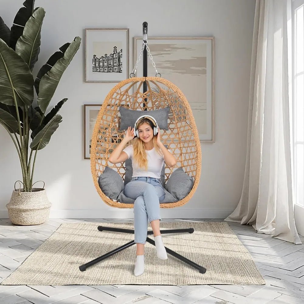 All-Weather Rattan Swing Egg Chair with Stand & Cushions