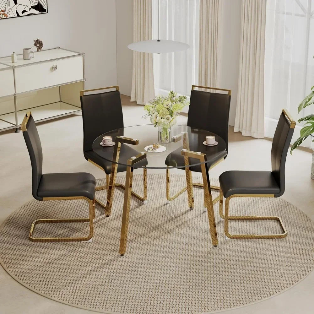 Tempered Glass Round Dining Table Set with 4 Armless Chairs