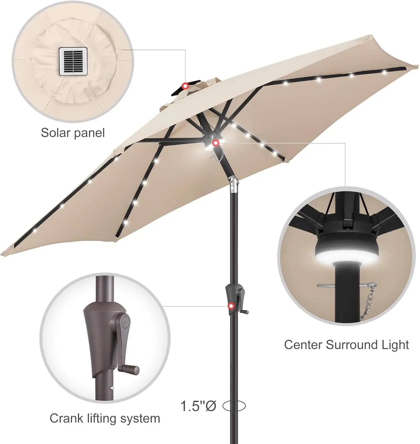 Outdoor Umbrella with Center Surround Light 24 LED Beads