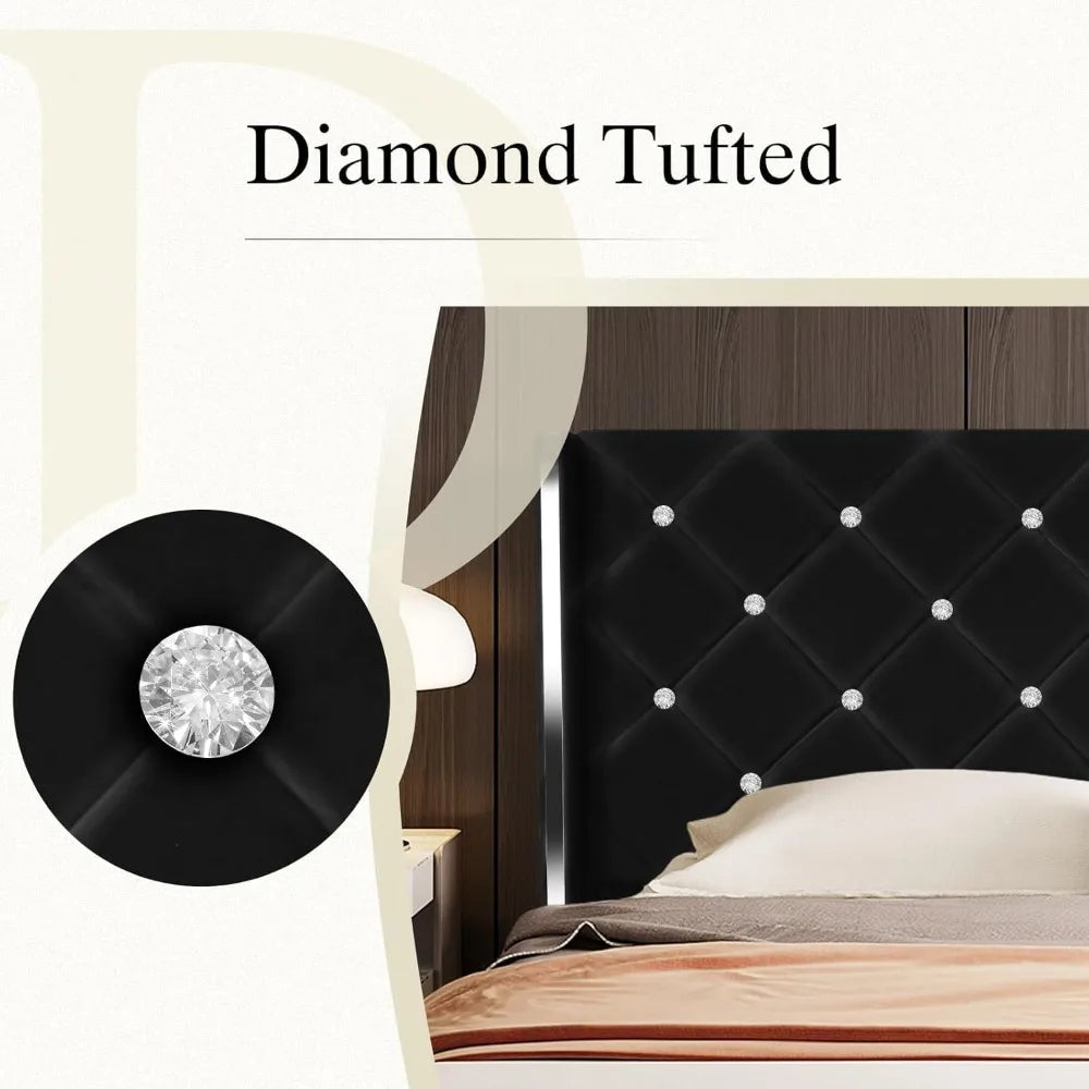 Velvet Upholstered Bed Frame with Wingback and Diamond Headboard