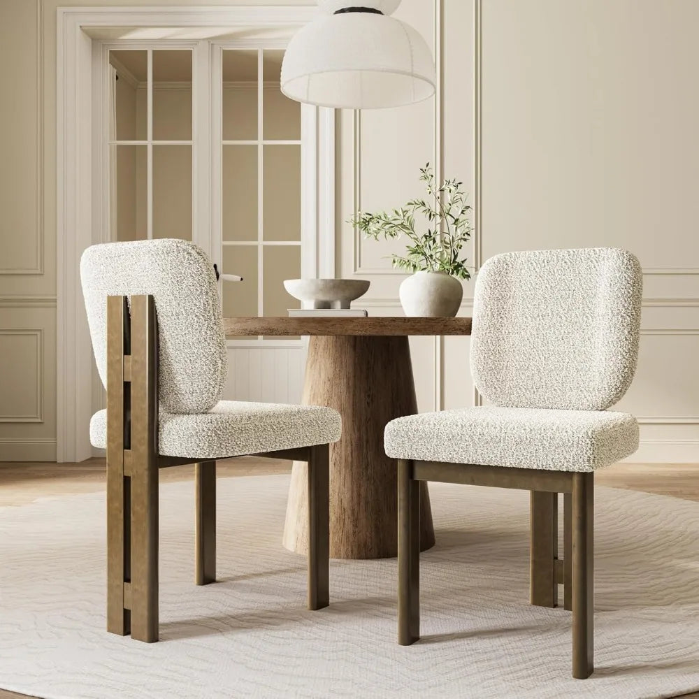 Modern Boucle Dining Chairs Set of 2 with Ergonomic Curved Back/Walnut Wood Legs