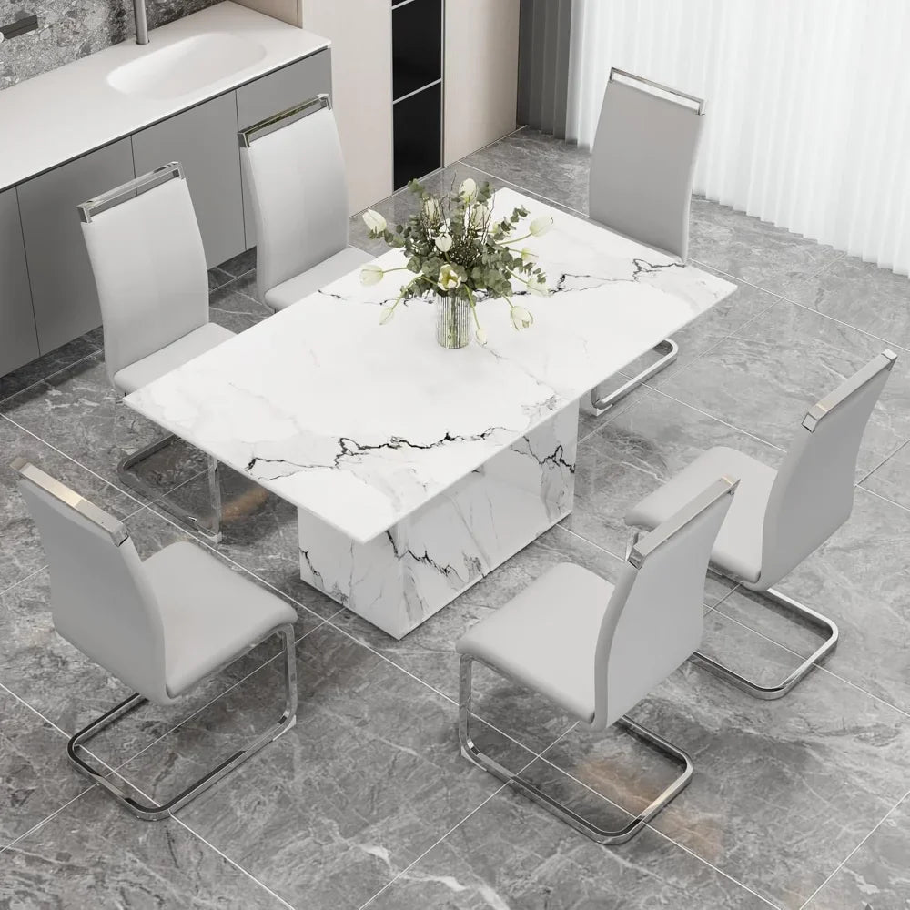 White Imitation Marble Table with Leather Chairs Set