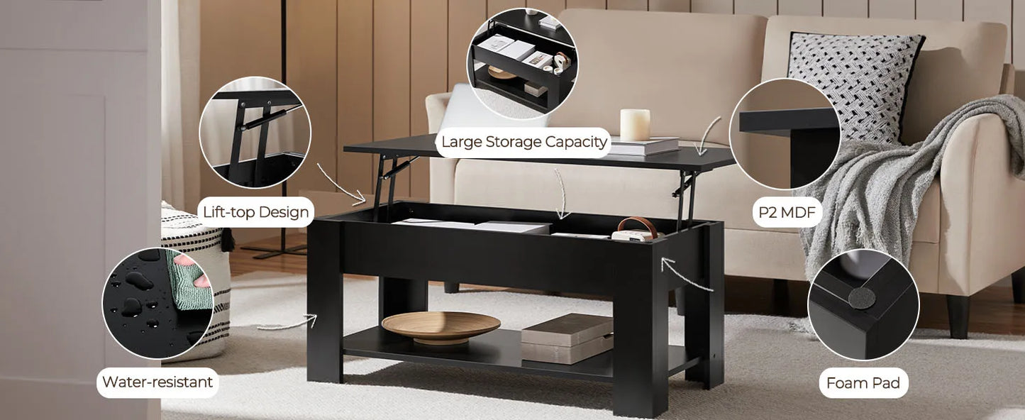 Wooden Coffee Table with Large Hidden Storage Shelf