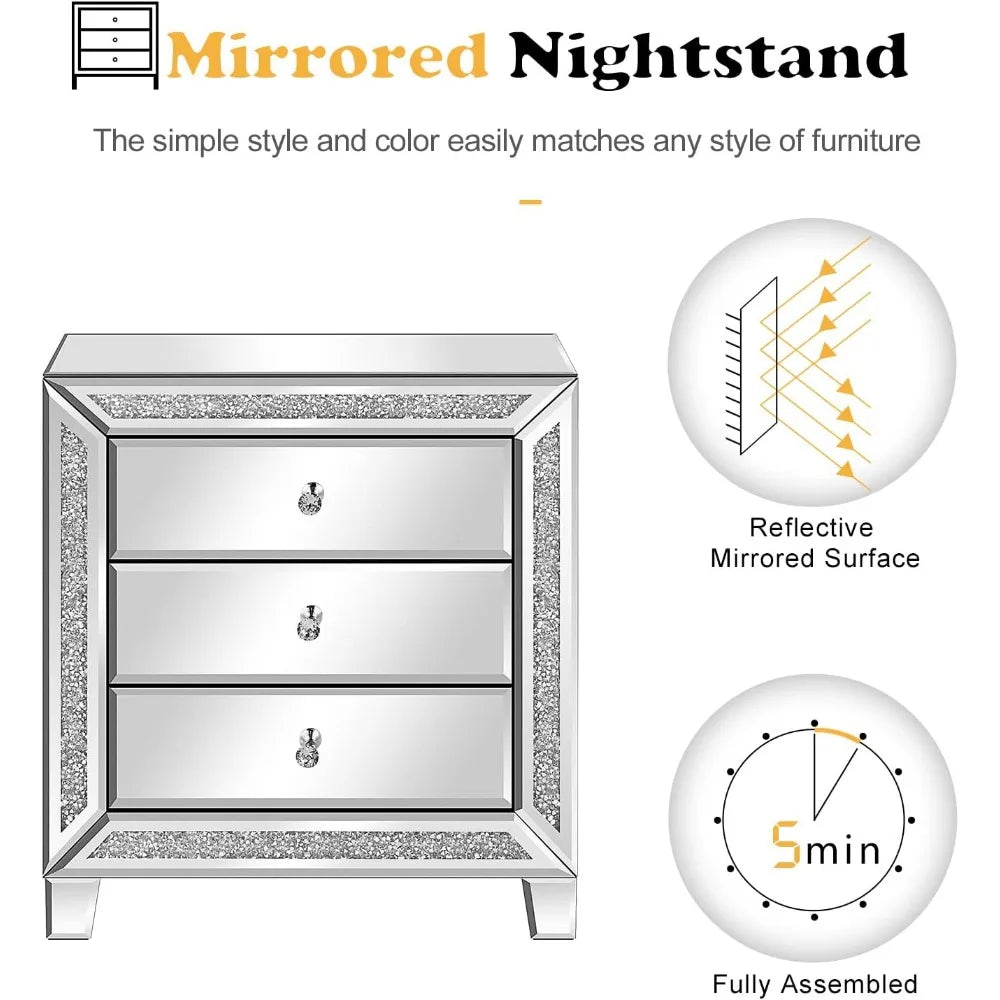 Mirrored Nightstands Set with 3 Drawer Glass Side