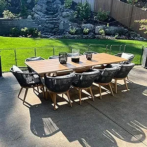 Patio Dining Set with Table and Chairs - Teak-Finish Aluminum Frame