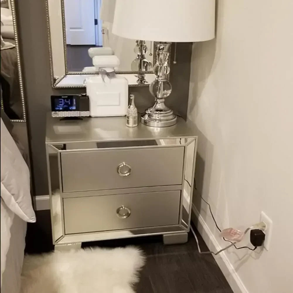 Modern Mirrored Nightstand Dresser Set with 2 Drawers and Round Ring Handle