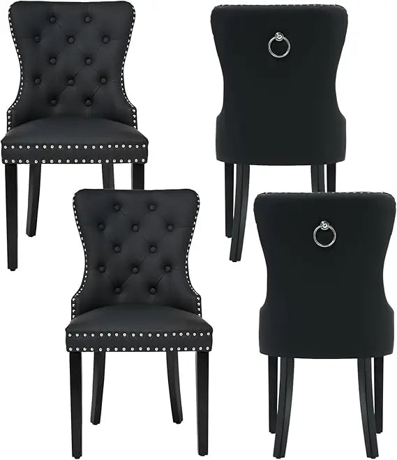 Tufted Upholstered Leather Dining Chairs with Solid Wood Legs and a Pull Ring