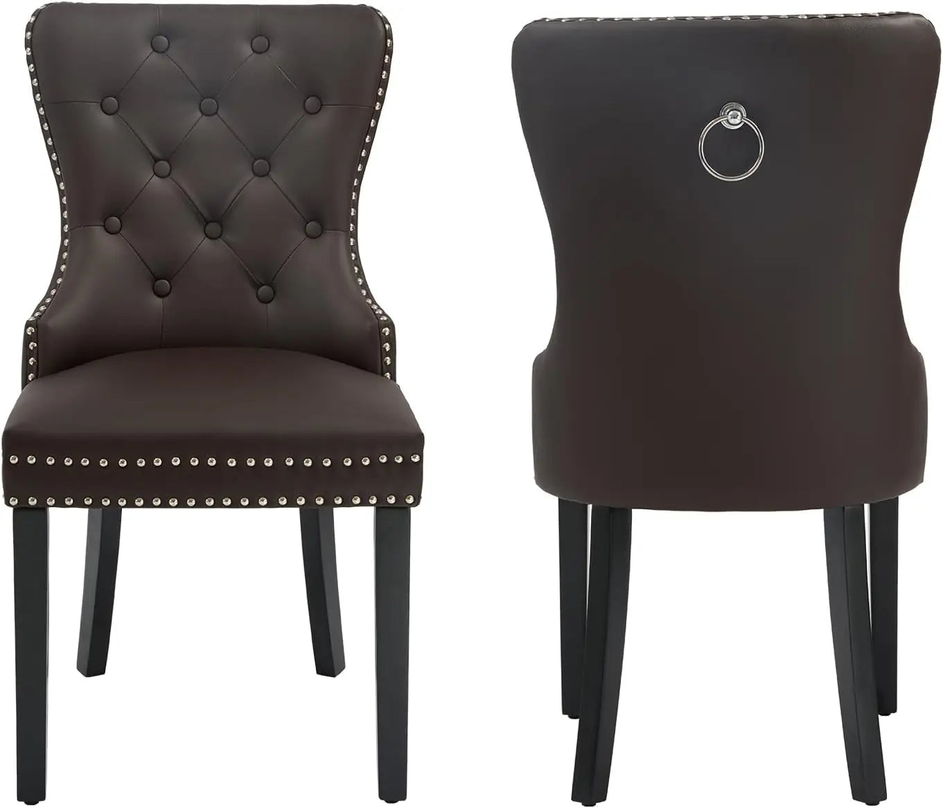 Tufted Upholstered Leather Dining Chairs with Solid Wood Legs and a Pull Ring