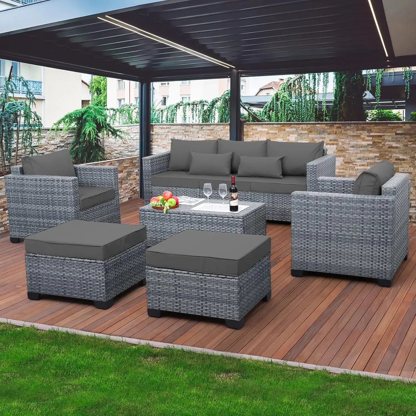 Wicker Patio Furniture Set with Grey Cushions