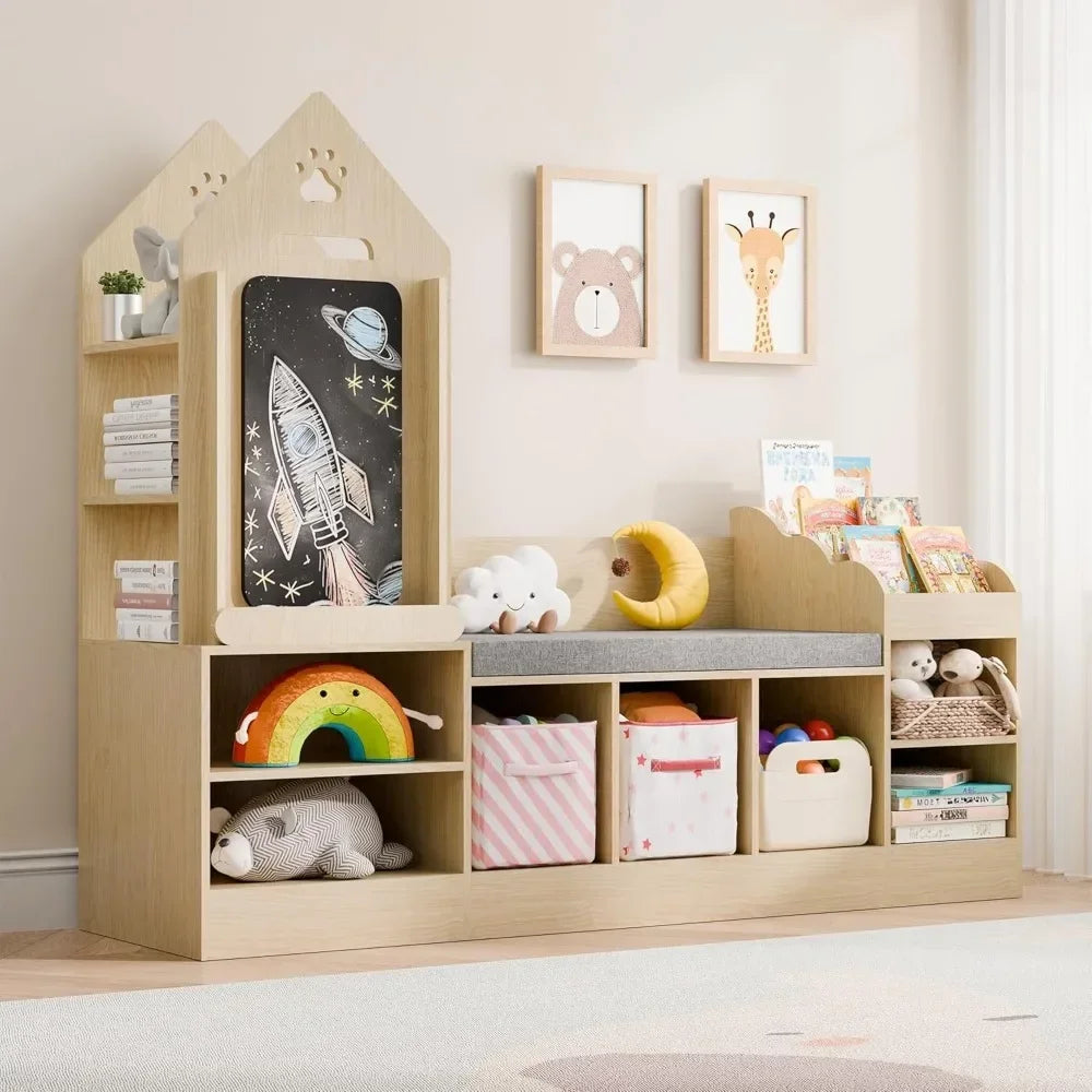 Kids Bookshelf with Reading Nook with Chalkboard and Bench