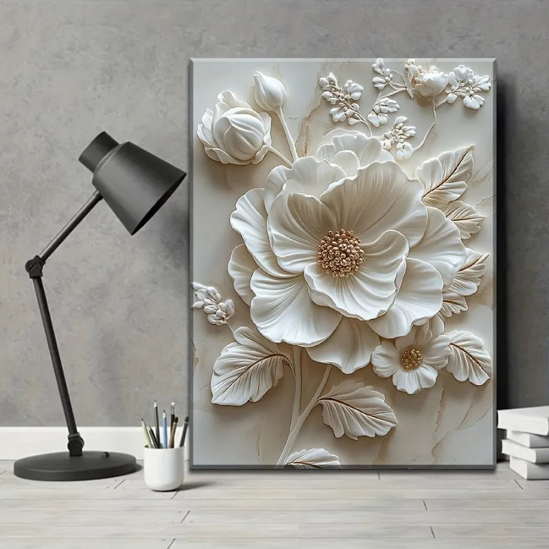 Wood Frame Canvas White Flower Pattern Mural