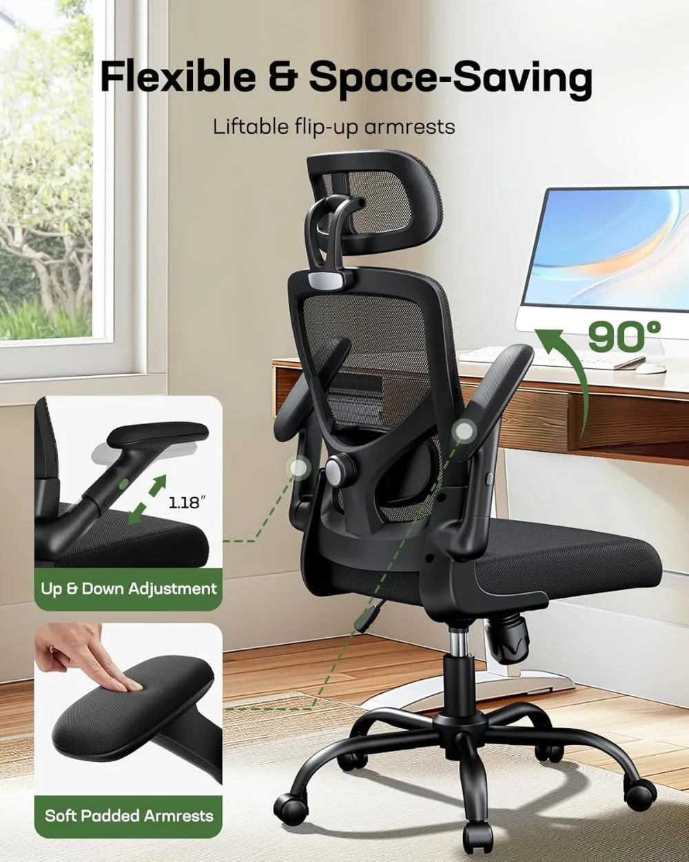 Lumbar Support with Headrest Flip-Up Liftable Arms Swivel Computer Chair