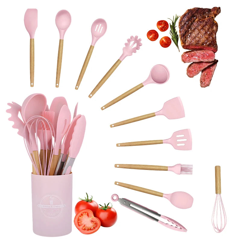 Silicone Cookware Kitchen Utensil Wooden Handle