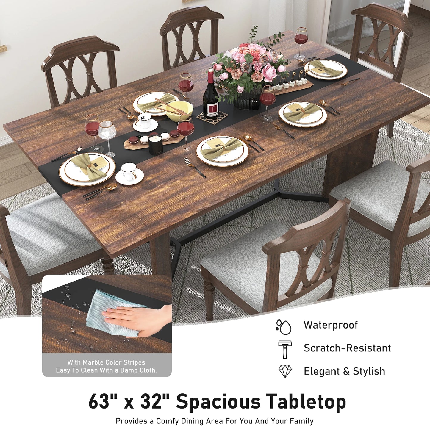 Large Rectangular White Dining Table with Marble Color, Wood Tabletop, Metal Leg