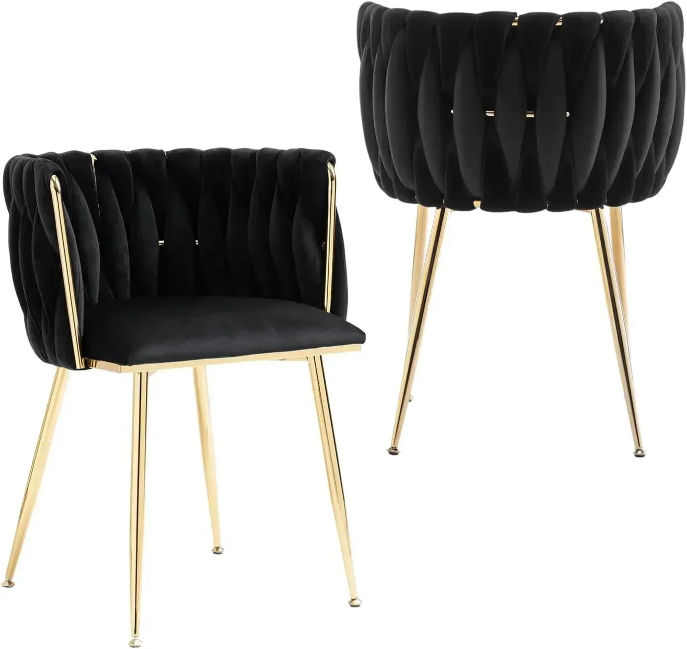 Woven Velvet Upholstered Dining Chairs Set with Gold Metal Legs