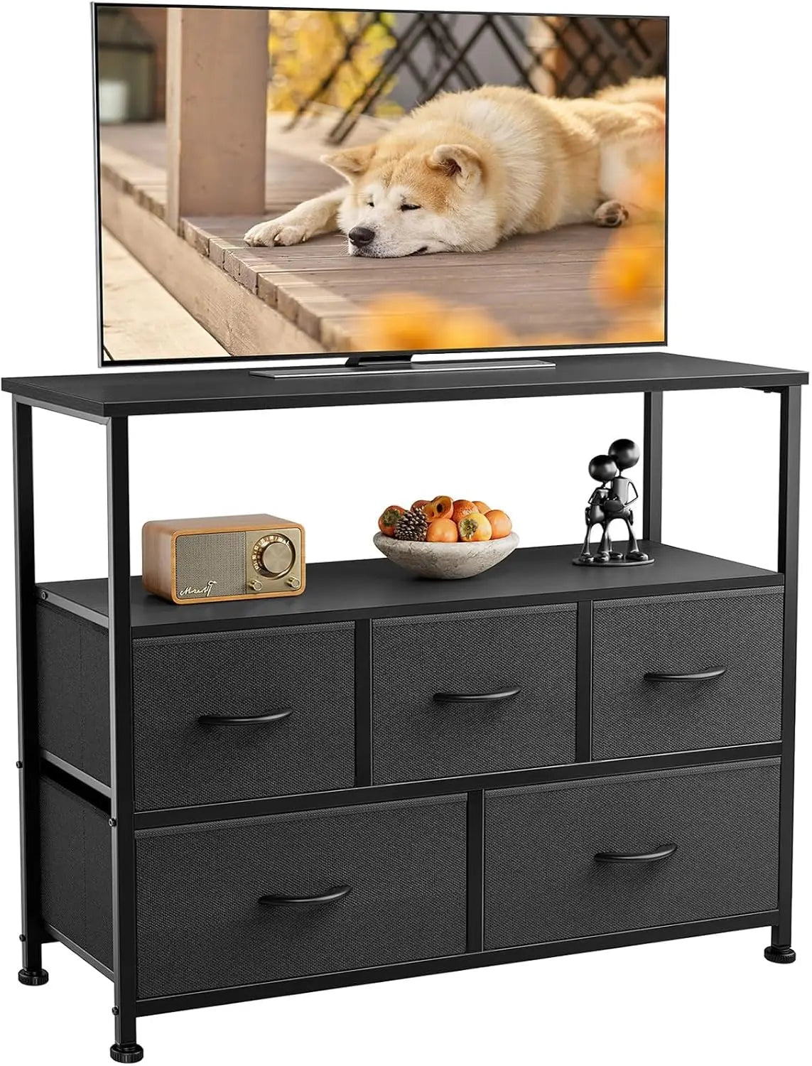 TV Stand Dresser with 5 Fabric Storage Drawers Media Console