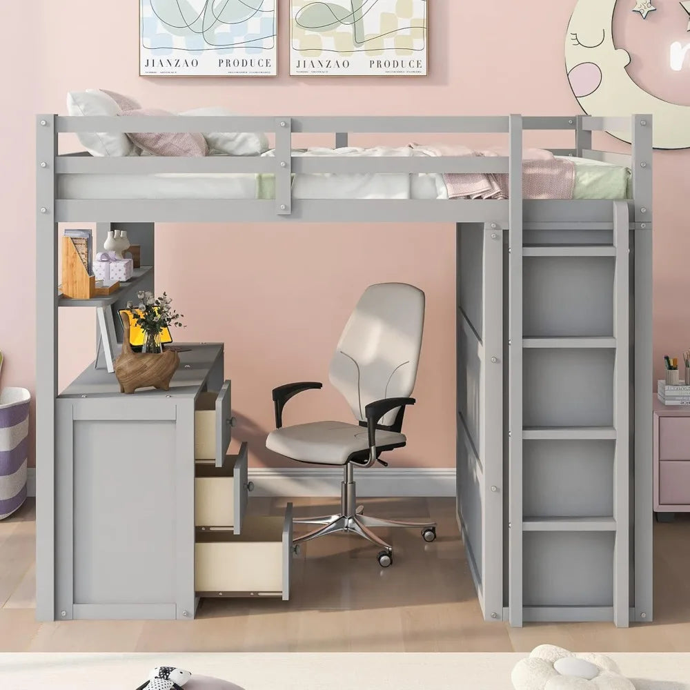 Full Size Loft Bed with Desk and Wardrobe