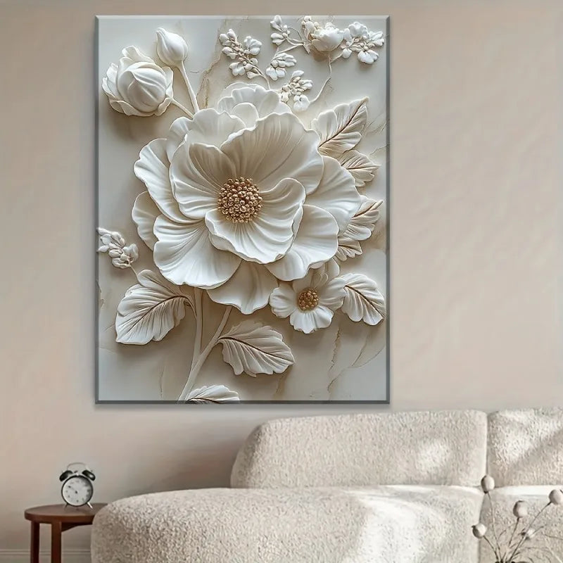 Wood Frame Canvas White Flower Pattern Mural