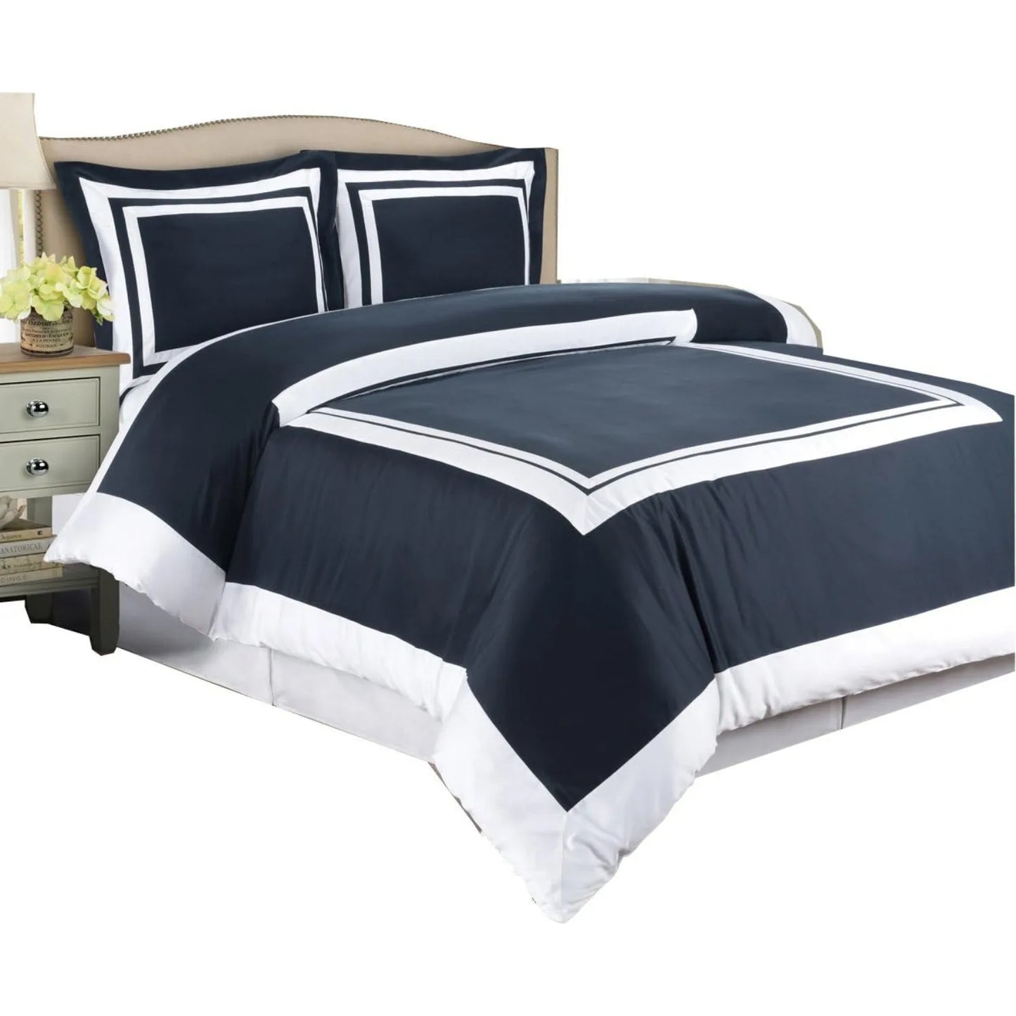 Navy with White Trim Comforter Duvet Cover Set