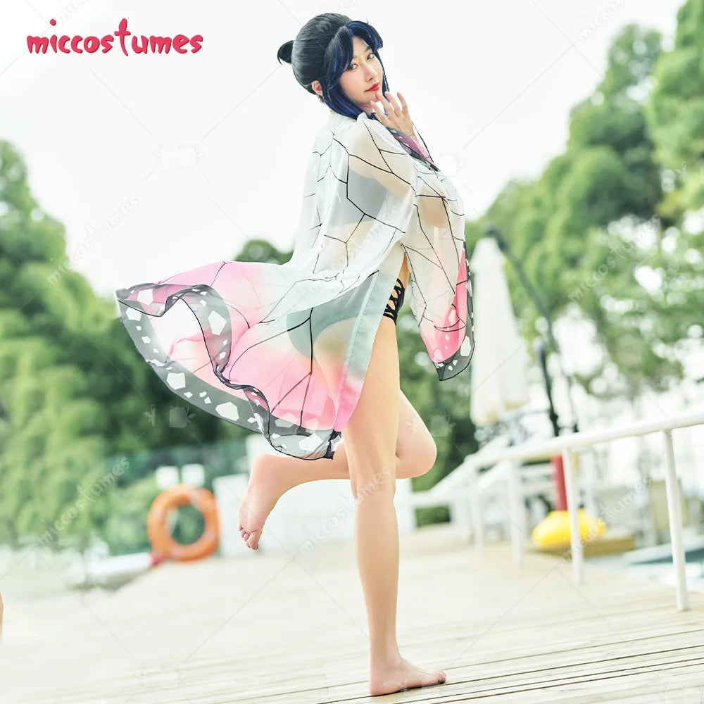 Teen to Women Two Piece Bathing Suit with Strapped Butterfly-Printed Kimono Haori Cover Up