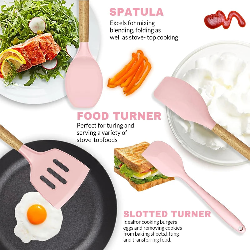 Silicone Cookware Kitchen Utensil Wooden Handle