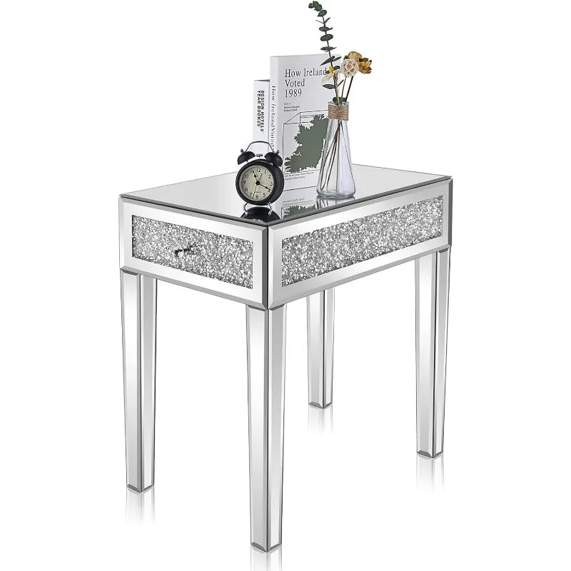 Mirrored Nightstand Set with Drawer Glass Accent Table