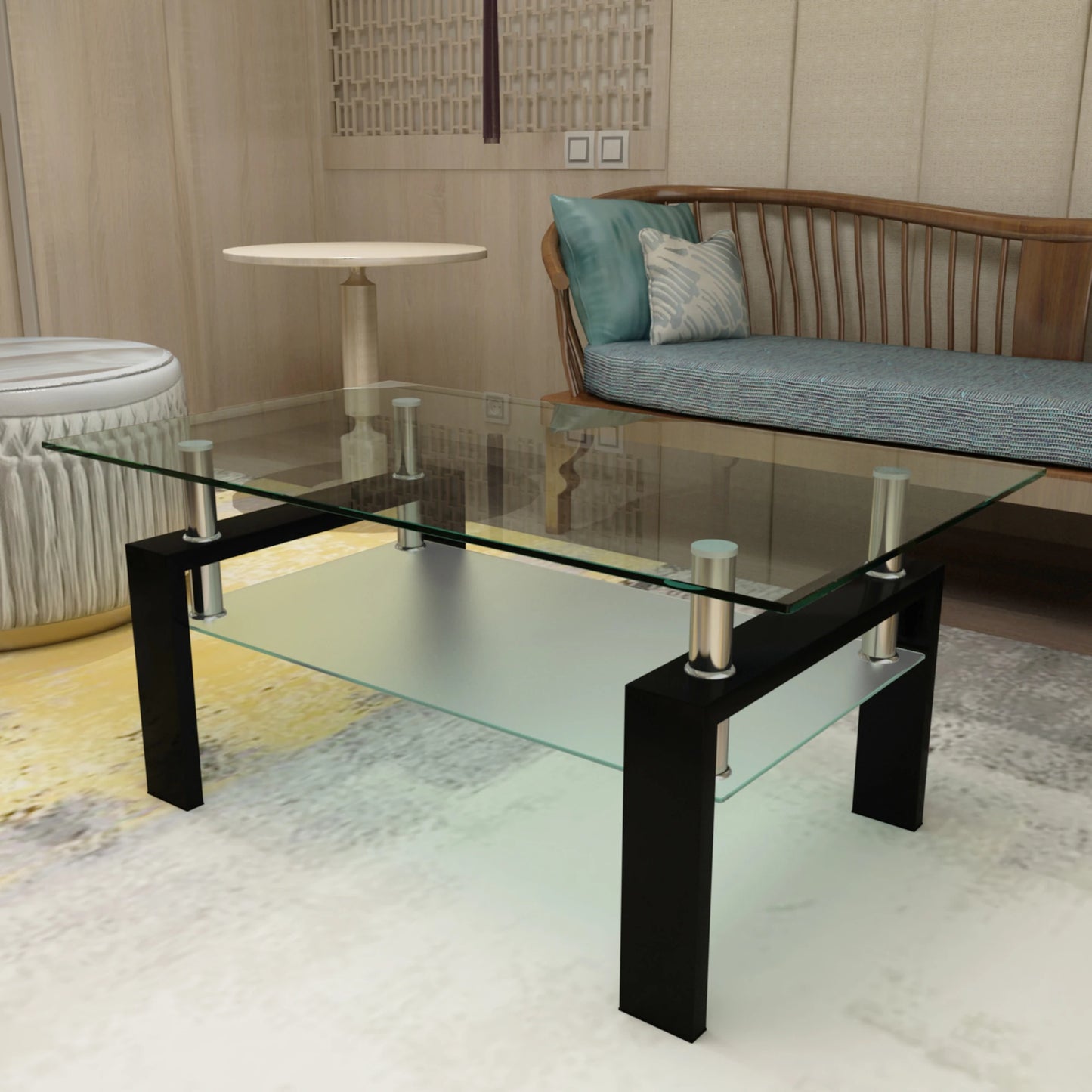 Living Room Modern Side Center Table with Black Glass