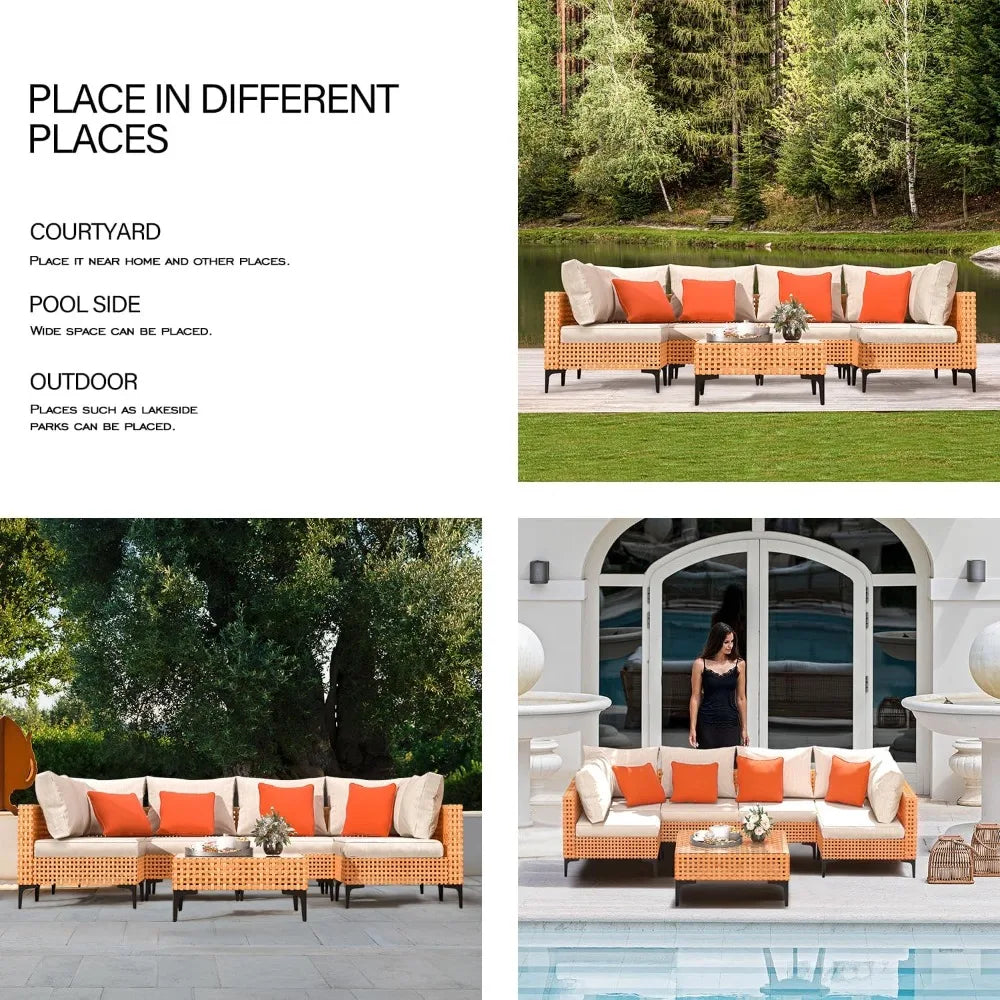 Outdoor Modular Wicker Sectional Sofa with Cushions and Table Patio Furniture Set