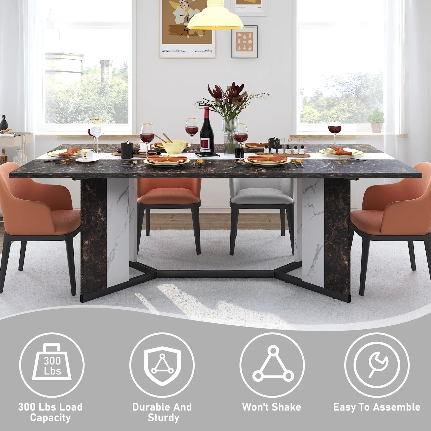 Large Rectangular White Dining Table with Marble Color, Wood Tabletop, Metal Leg