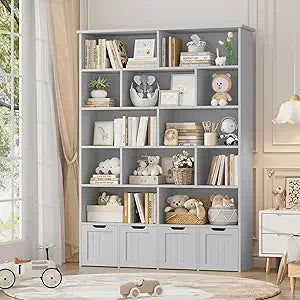 Tall Kids Bookshelf with 4 Movable Drawers and 12 Storage Cubbies