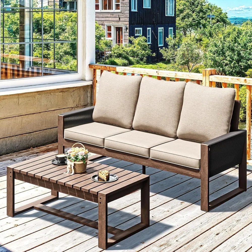 Patio Wood and PET Rope Sofa with Coffee Table
