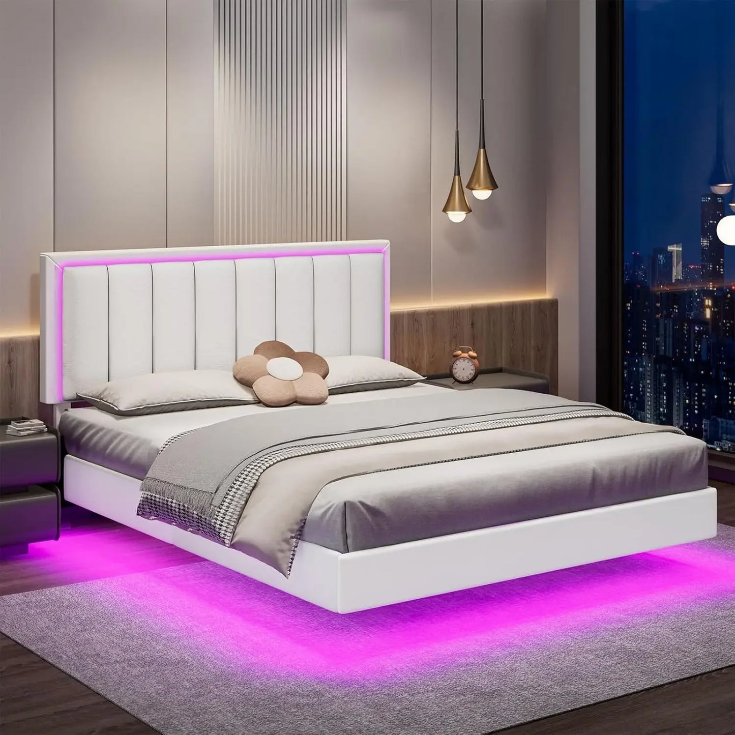 Floating Bed Frame with Headboard Upholstered with LED Lights