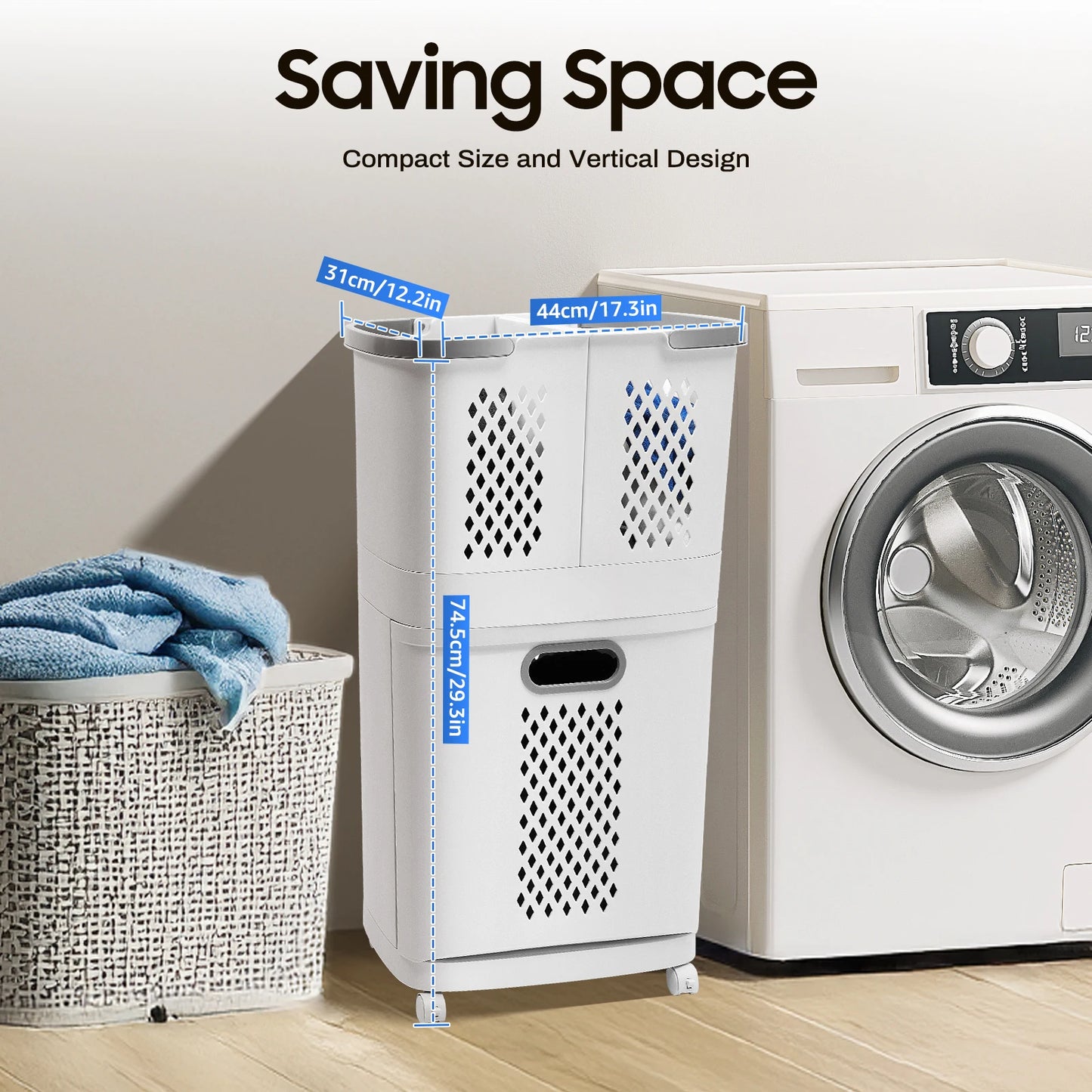 2-Layer Laundry Basket with 4 Universal Wheels Multifunctional