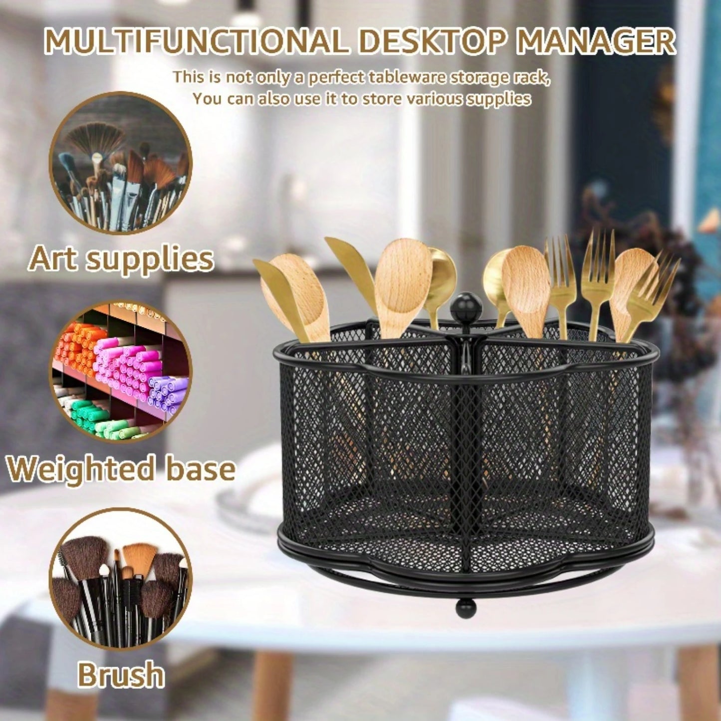 Iron Utensil Holder with ° Spin - Stylish Plaid Kitchen Organizer