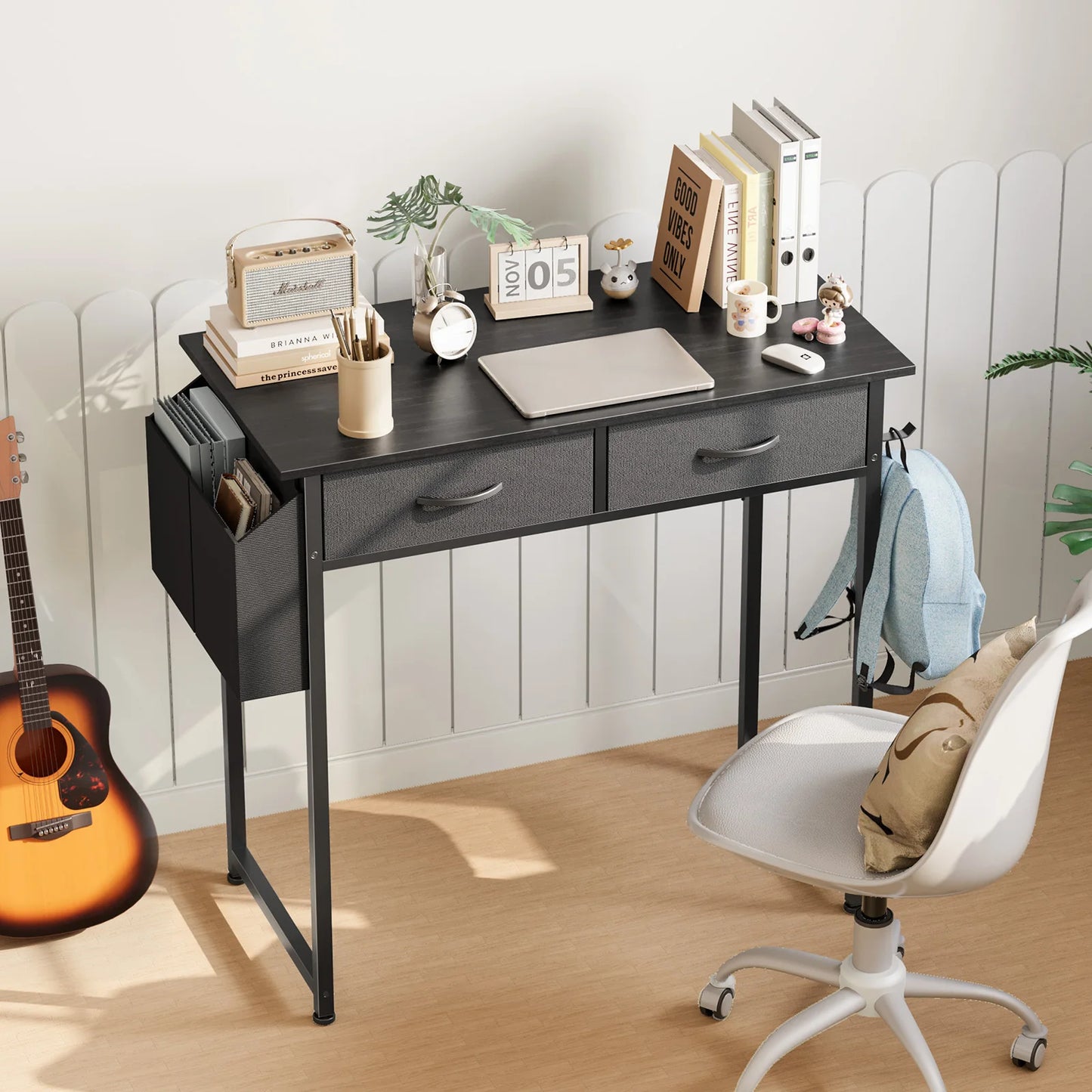 Modern Office Computer Desk with Fabric Storage Drawers