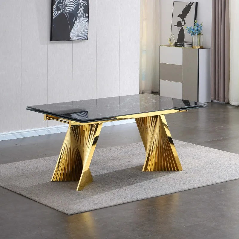 Dining Table with Black Marble Top & Tempered Glass