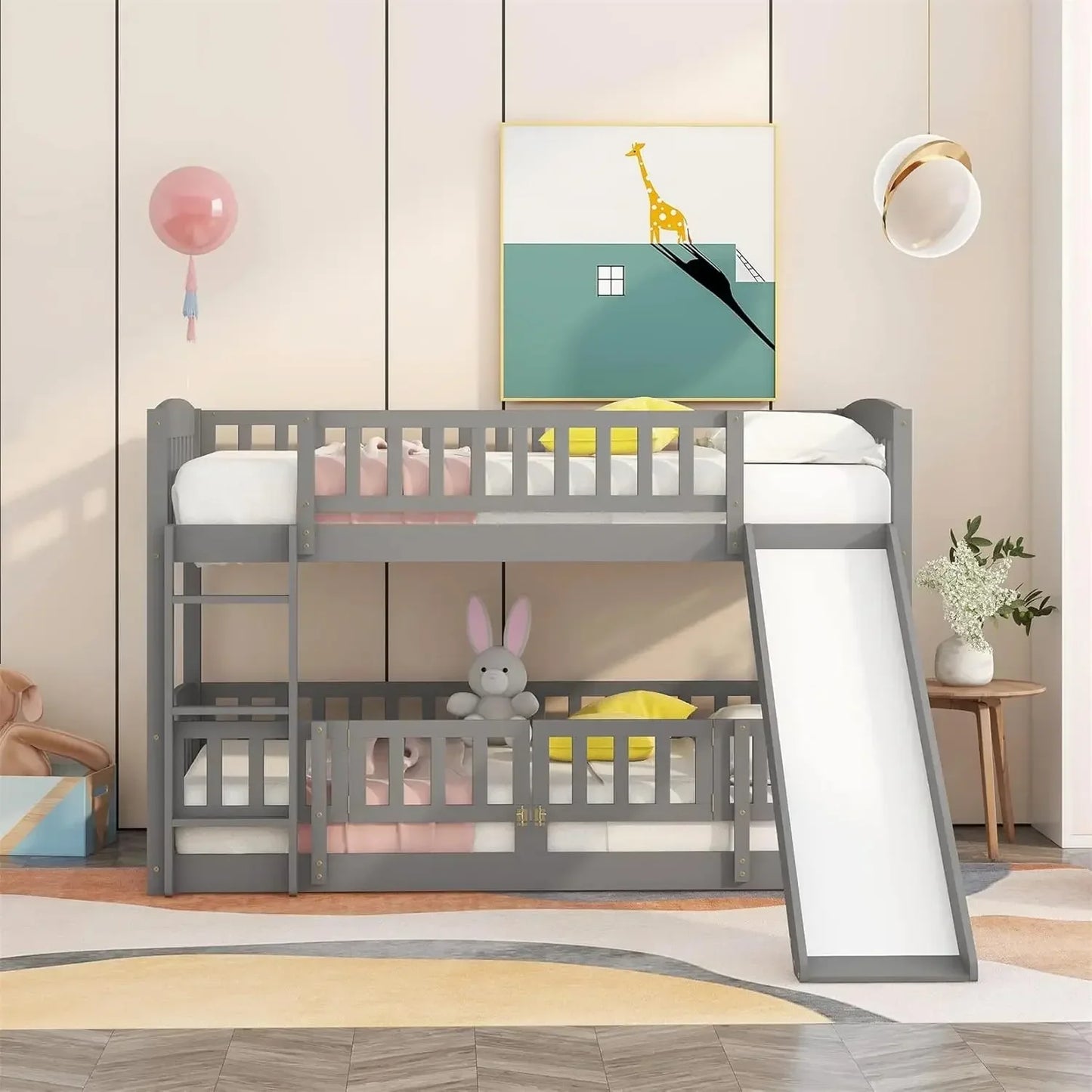 Low Bunk Bed with Slide Twin Over Twin Bunk Bed