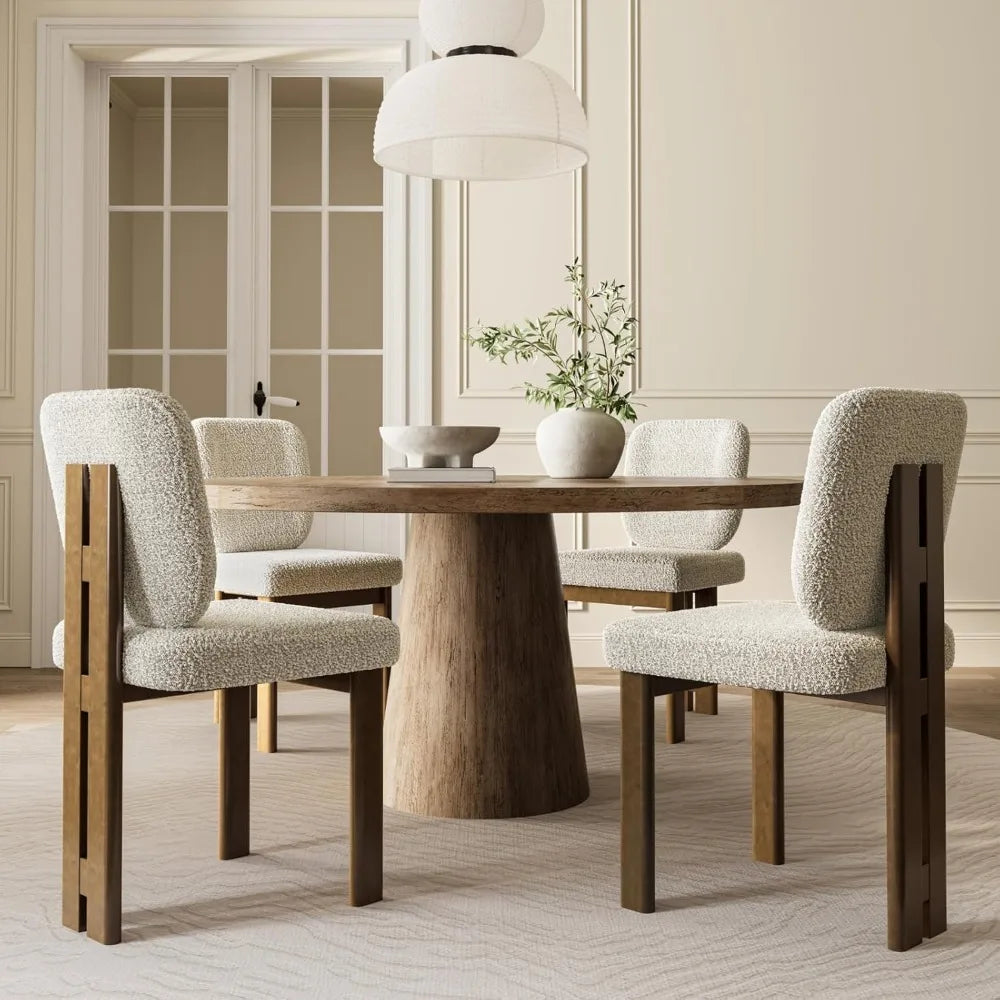 Modern Boucle Dining Chairs Set of 2 with Ergonomic Curved Back/Walnut Wood Legs