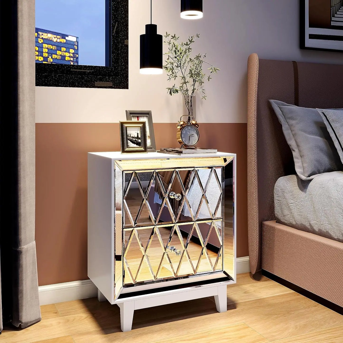 Mirrored Nightstands Set with 2 Drawer Glass Side