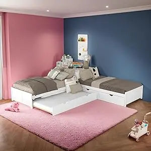 Double Twin Bed House Frame with Nightstand