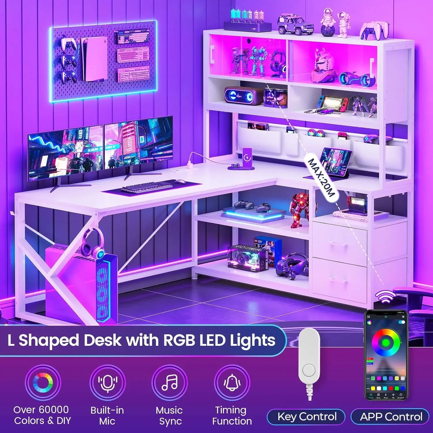 L Shaped Home Office Computer Desk with 2 Drawer and Bookshelf
