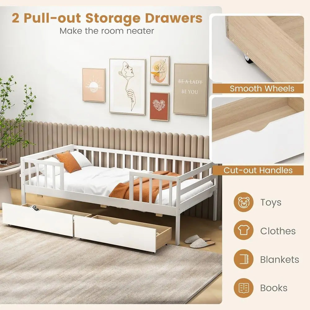 Twin Bed with Side Rails & 2 Pull-Out Drawers