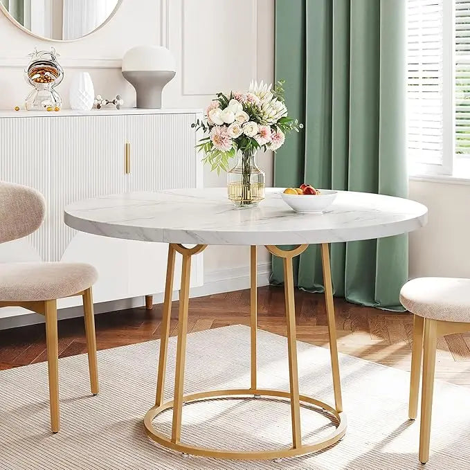 Wooden Faux Marble Round Dining Table with Gold Base